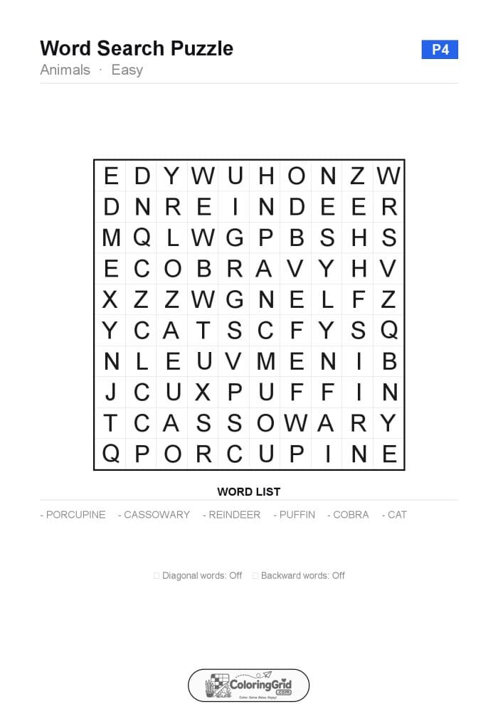 Word Search EASY - Animals Puzzle 004