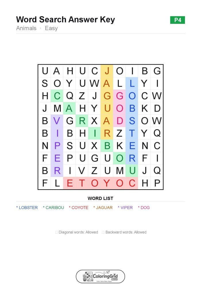Word Search EASY - Animals Puzzle 004 - ANSWER
