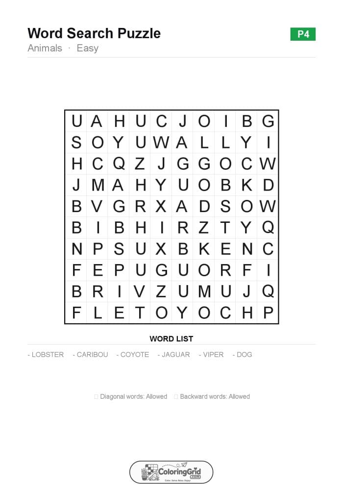 Word Search EASY - Animals Puzzle 004