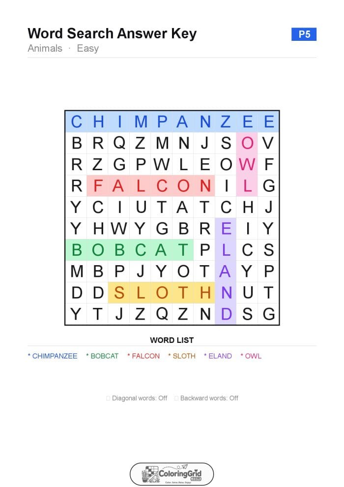Word Search EASY - Animals Puzzle 005 - ANSWER