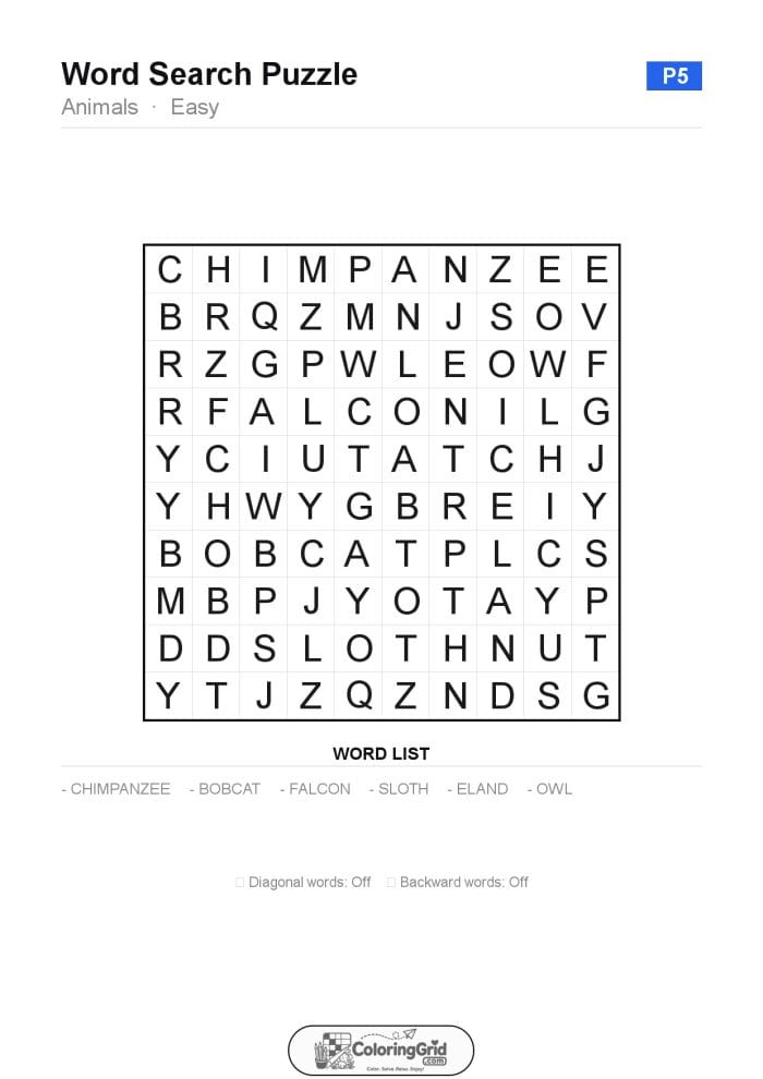 Word Search EASY - Animals Puzzle 005