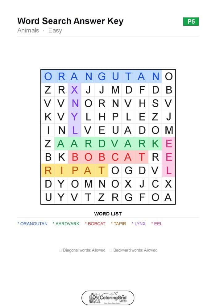 Word Search EASY - Animals Puzzle 005 - ANSWER