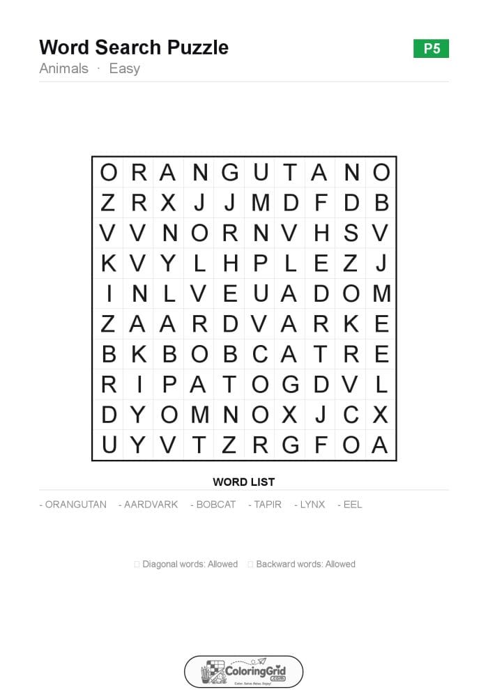 Word Search EASY - Animals Puzzle 005
