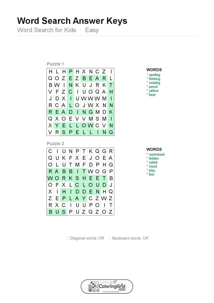 Word Search EASY - Word Search for Kids Puzzle 001 (2 puzzles) - ANSWER
