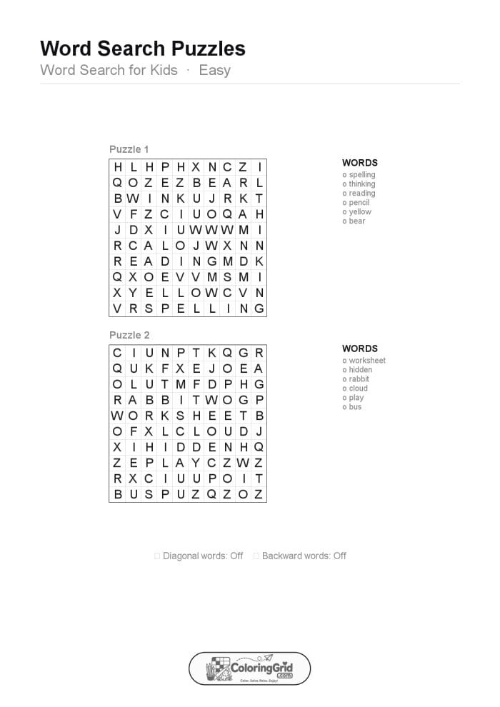 Word Search EASY - Word Search for Kids Puzzle 001 (2 puzzles)
