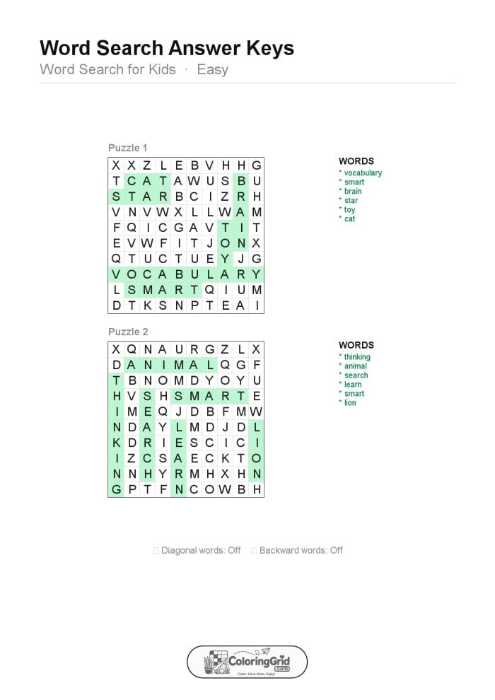 Word Search EASY - Word Search for Kids Puzzle 002 (2 puzzles) - ANSWER