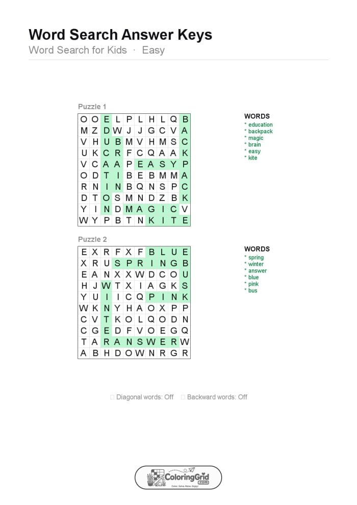 Word Search EASY - Word Search for Kids Puzzle 003 (2 puzzles) - ANSWER