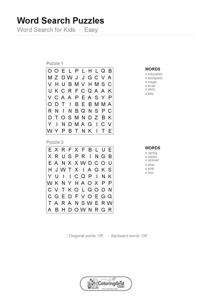 Word Search EASY - Word Search for Kids Puzzle 003 (2 puzzles)