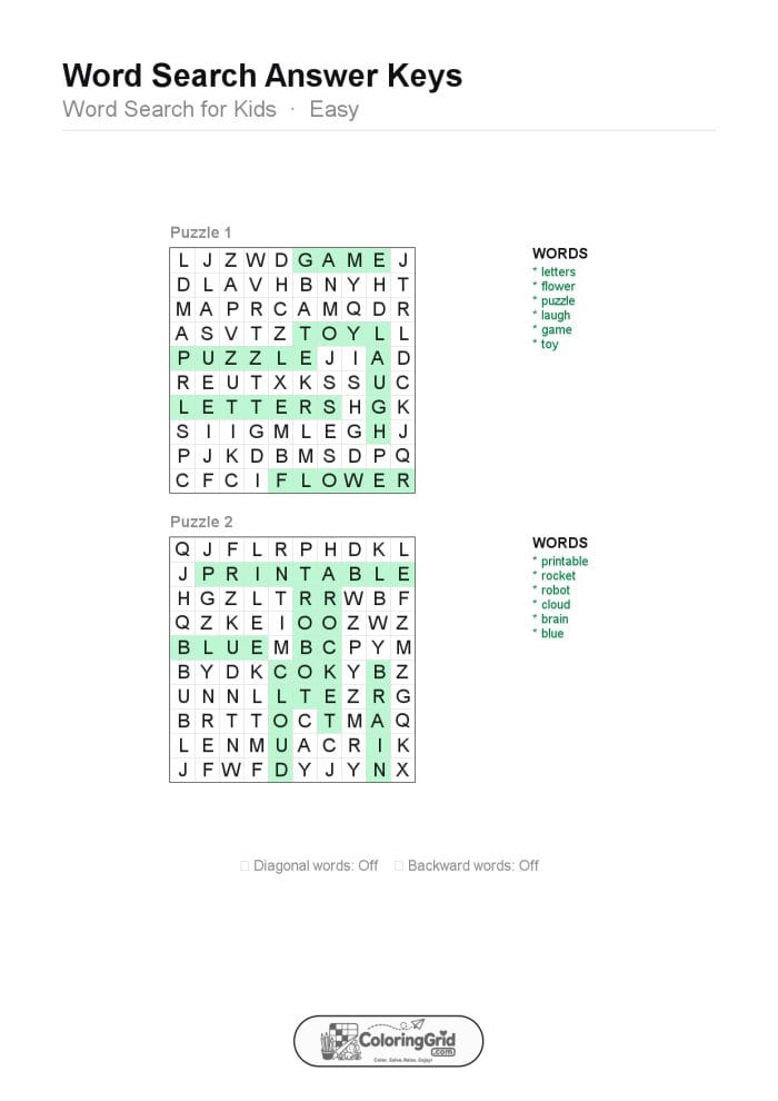 Word Search EASY - Word Search for Kids Puzzle 004 (2 puzzles) - ANSWER