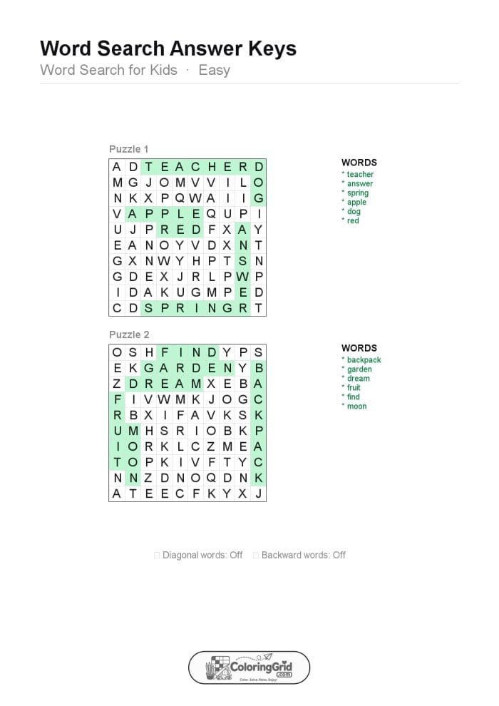 Word Search EASY - Word Search for Kids Puzzle 005 (2 puzzles) - ANSWER