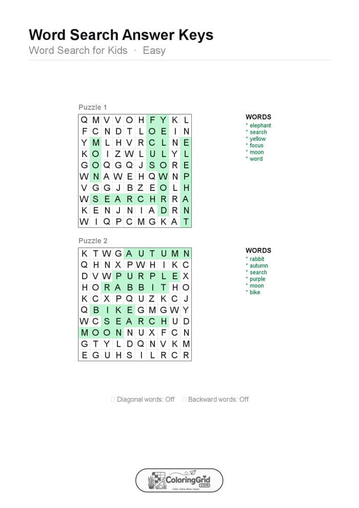 Word Search EASY - Word Search for Kids Puzzle 006 (2 puzzles) - ANSWER