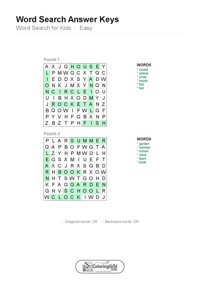 Word Search EASY - Word Search for Kids Puzzle 007 (2 puzzles) - ANSWER