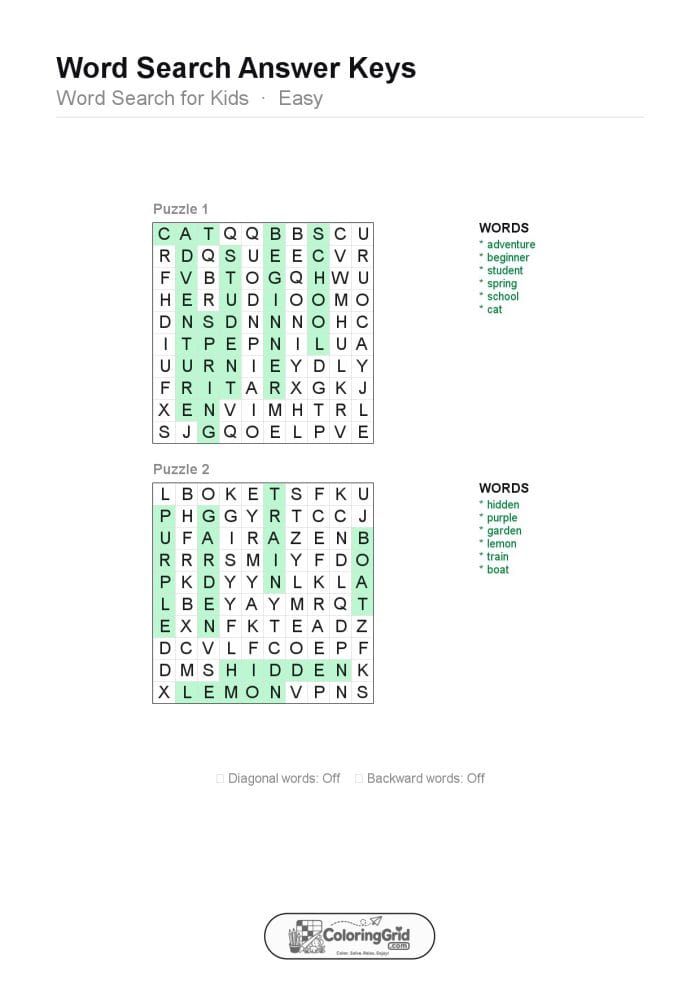Word Search EASY - Word Search for Kids Puzzle 008 (2 puzzles) - ANSWER