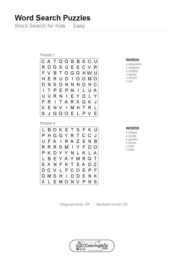 Word Search EASY - Word Search for Kids Puzzle 008 (2 puzzles)