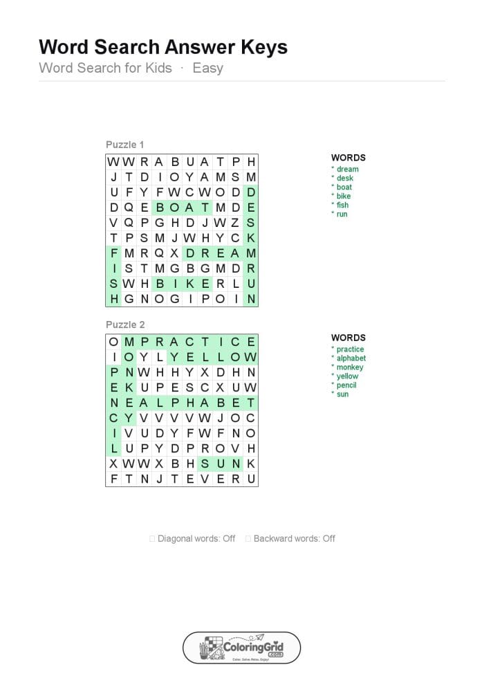 Word Search EASY - Word Search for Kids Puzzle 009 (2 puzzles) - ANSWER
