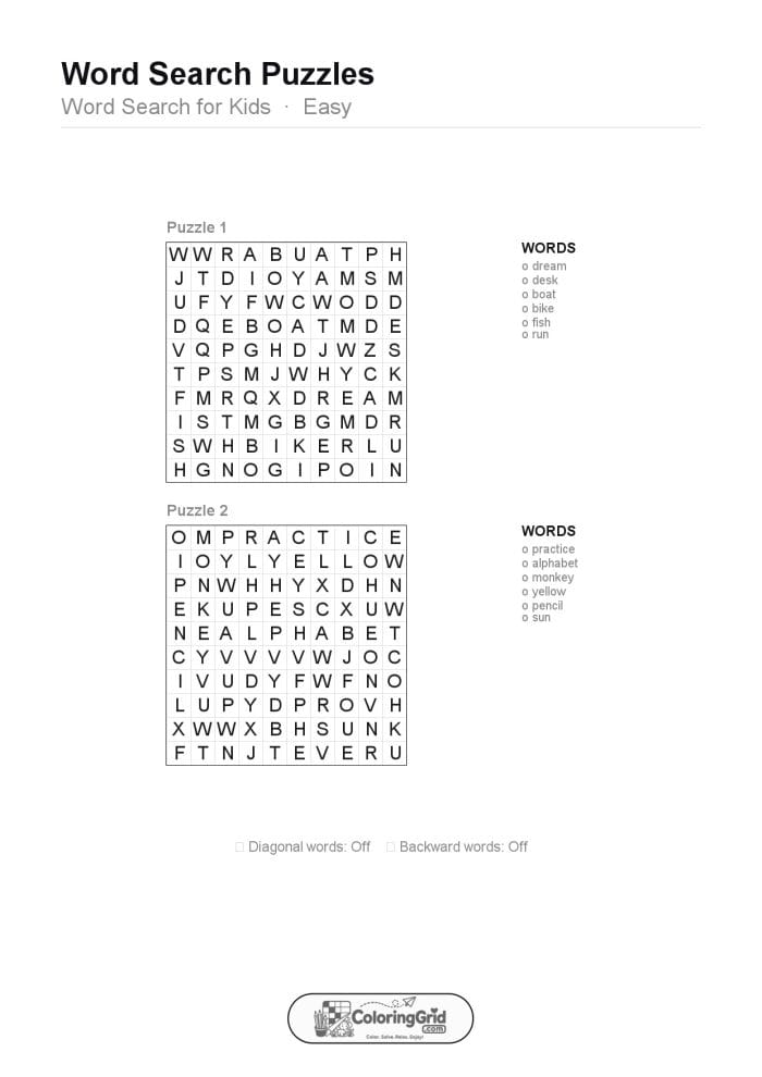 Word Search EASY - Word Search for Kids Puzzle 009 (2 puzzles)