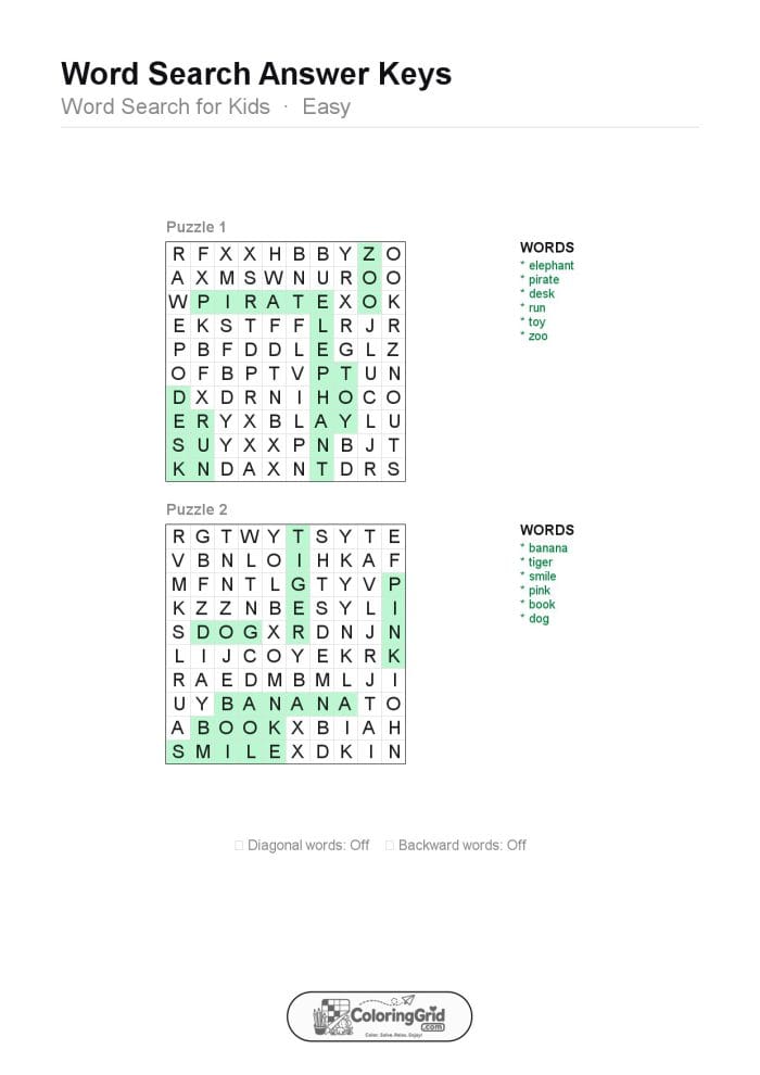 Word Search EASY - Word Search for Kids Puzzle 010 (2 puzzles) - ANSWER