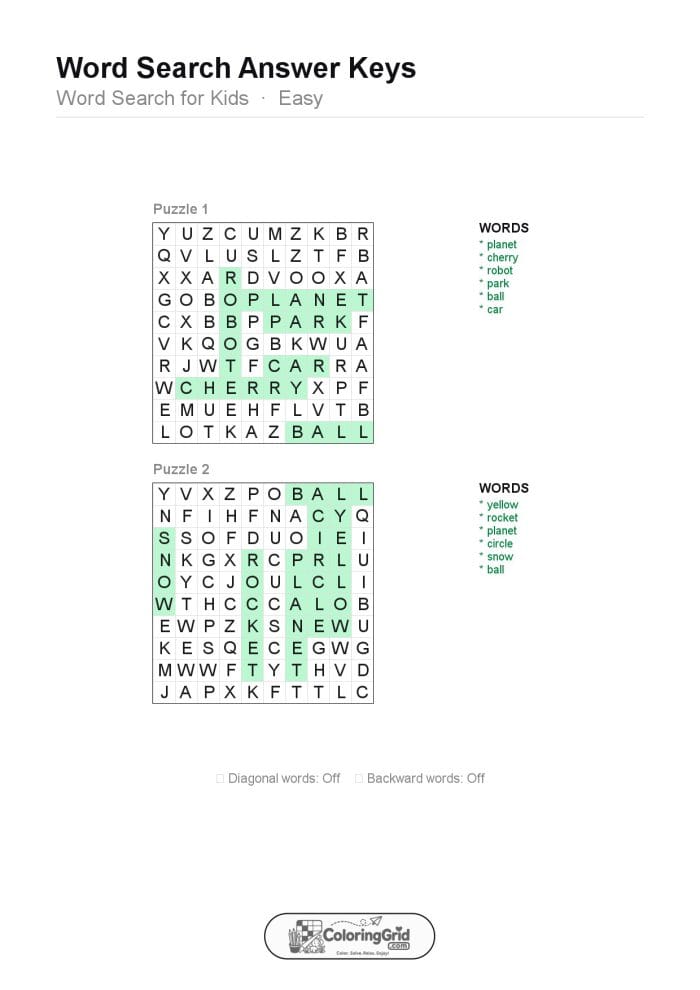 Word Search EASY - Word Search for Kids Puzzle 011 (2 puzzles) - ANSWER