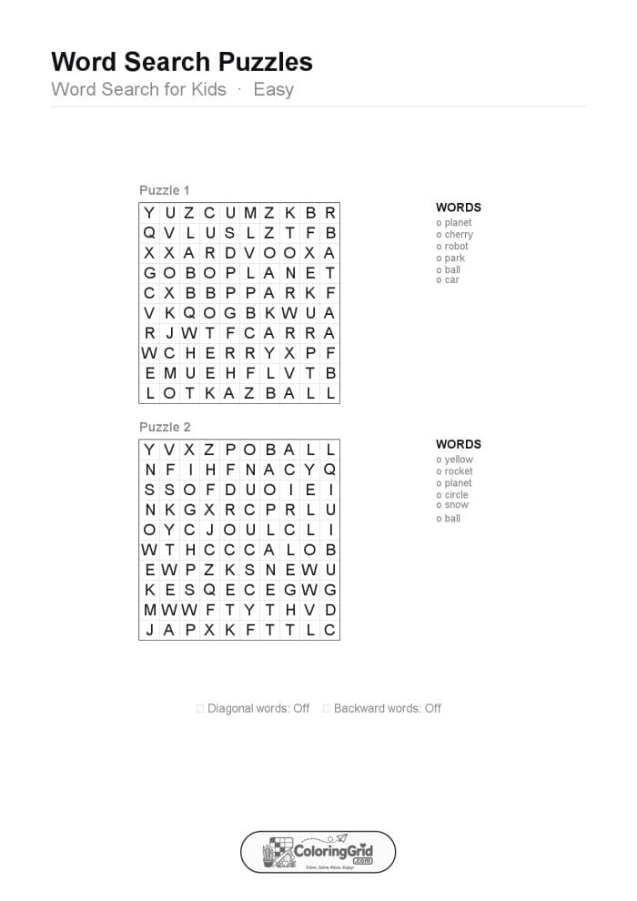 Word Search EASY - Word Search for Kids Puzzle 011 (2 puzzles)