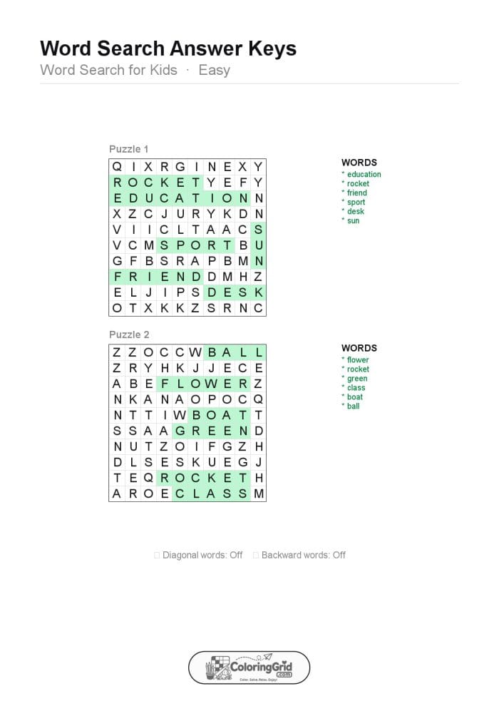 Word Search EASY - Word Search for Kids Puzzle 012 (2 puzzles) - ANSWER