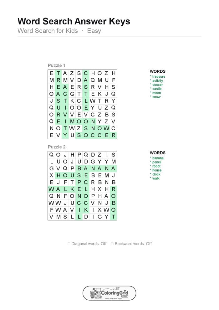 Word Search EASY - Word Search for Kids Puzzle 013 (2 puzzles) - ANSWER