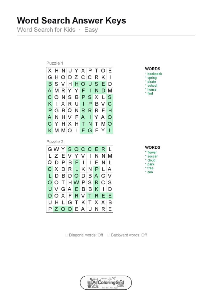 Word Search EASY - Word Search for Kids Puzzle 014 (2 puzzles) - ANSWER