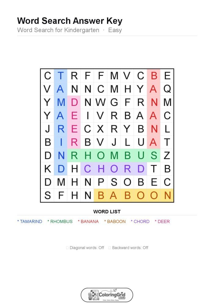 Word Search EASY - Word Search for Kindergarten Puzzle 001 - ANSWER