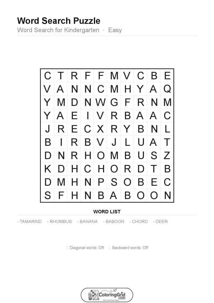 Word Search EASY - Word Search for Kindergarten Puzzle 001