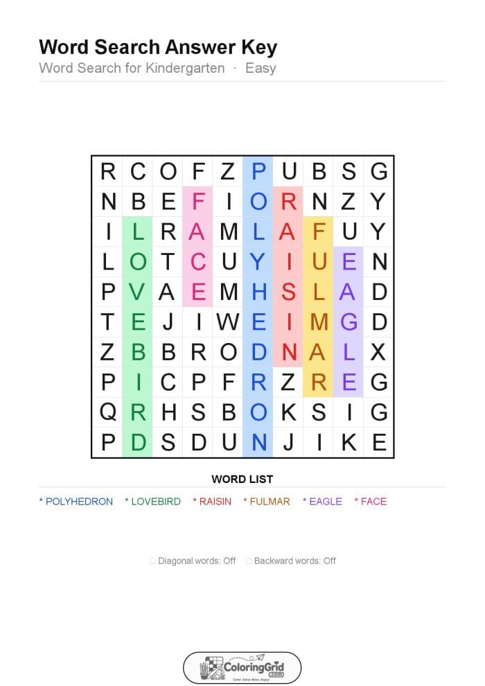 Word Search EASY - Word Search for Kindergarten Puzzle 002 - ANSWER