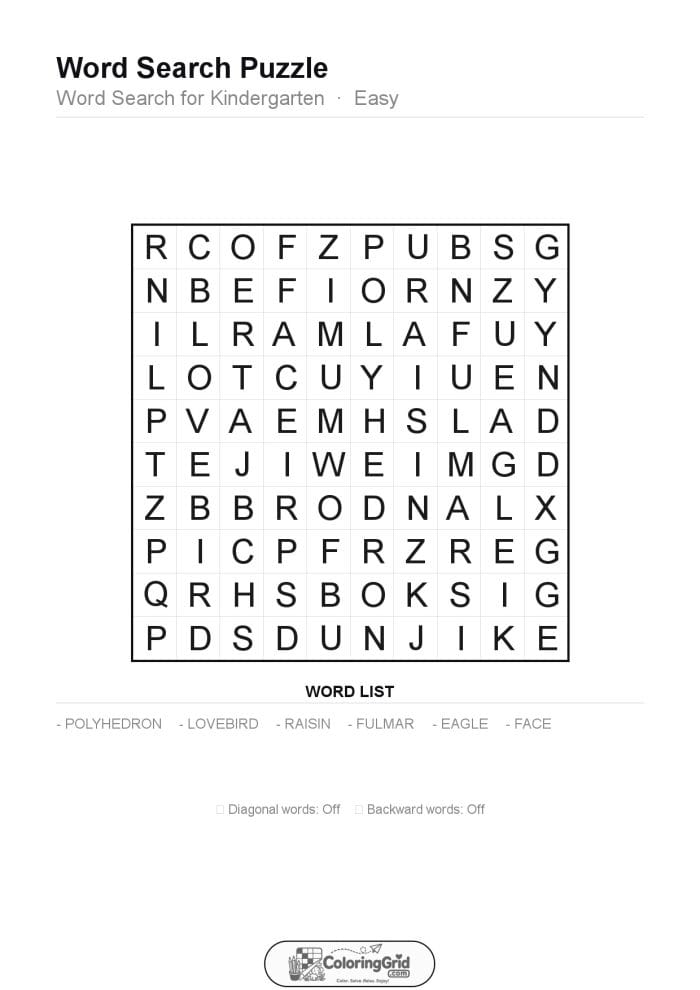 Word Search EASY - Word Search for Kindergarten Puzzle 002