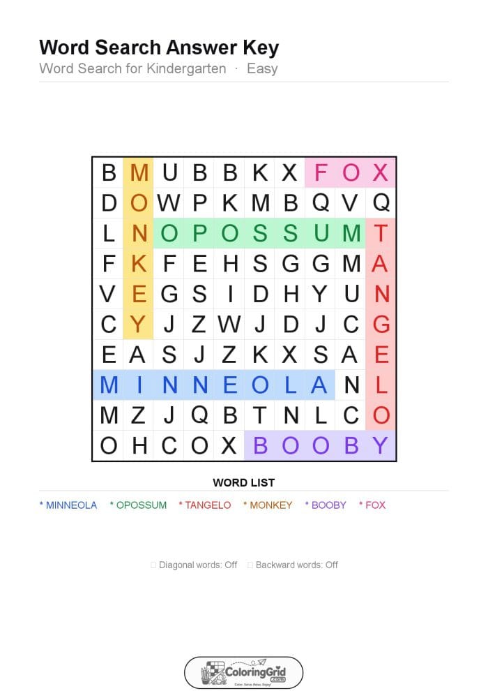 Word Search EASY - Word Search for Kindergarten Puzzle 003 - ANSWER