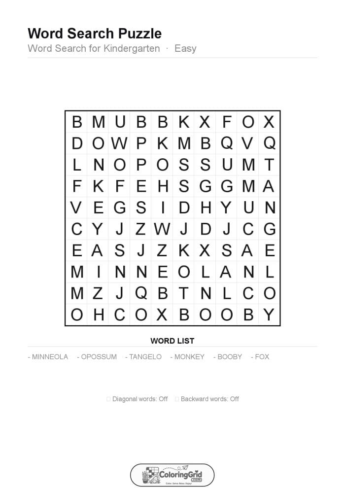 Word Search EASY - Word Search for Kindergarten Puzzle 003