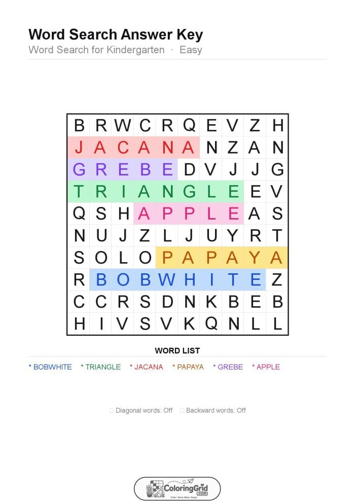 Word Search EASY - Word Search for Kindergarten Puzzle 004 - ANSWER