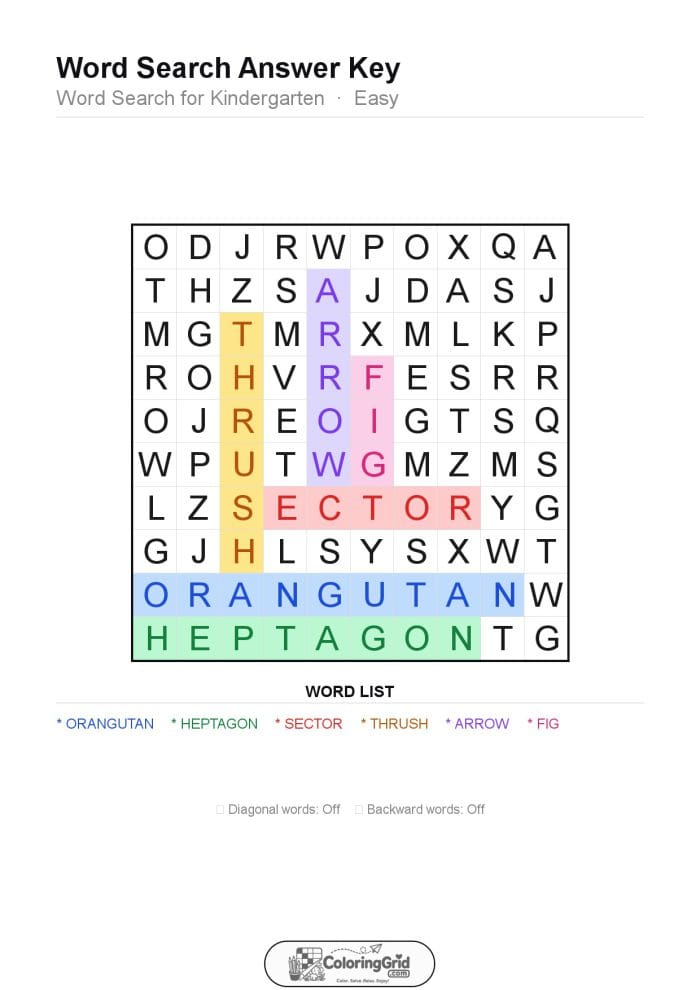 Word Search EASY - Word Search for Kindergarten Puzzle 005 - ANSWER
