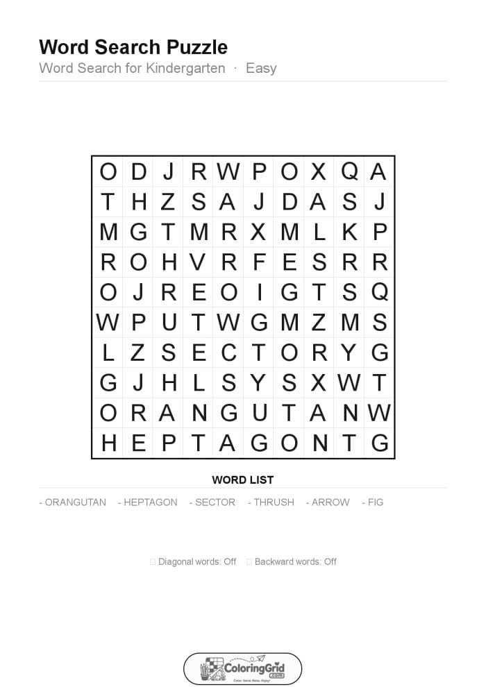 Word Search EASY - Word Search for Kindergarten Puzzle 005