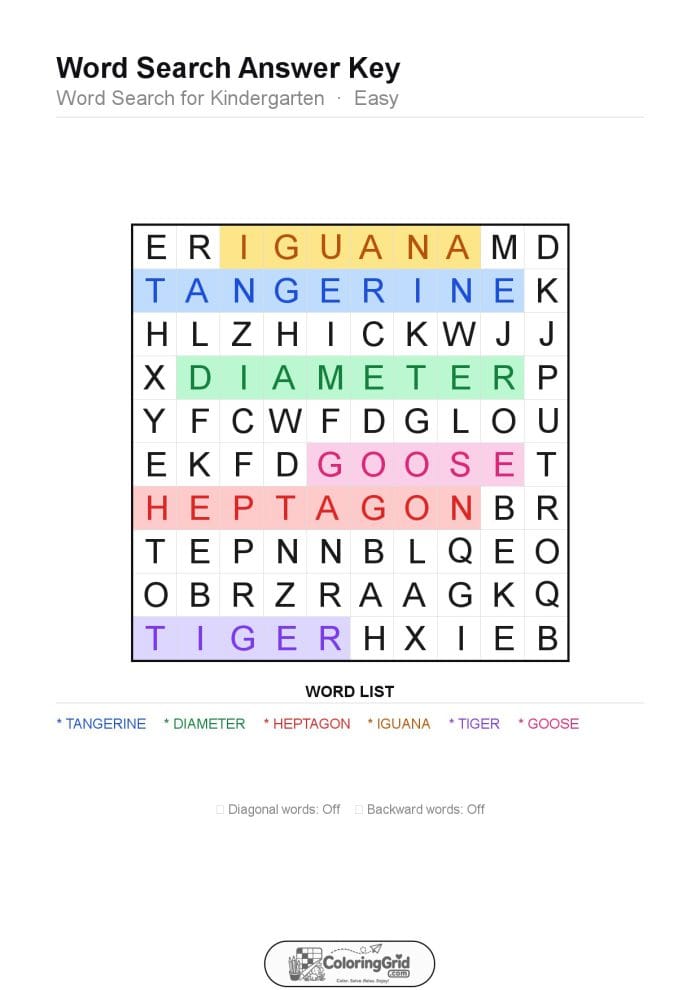 Word Search EASY - Word Search for Kindergarten Puzzle 006 - ANSWER