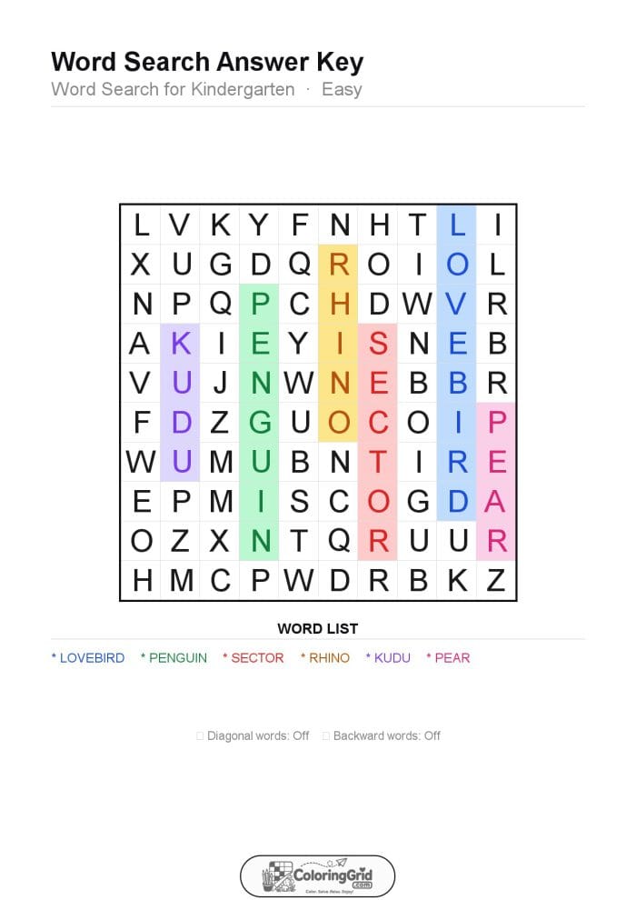 Word Search EASY - Word Search for Kindergarten Puzzle 007 - ANSWER