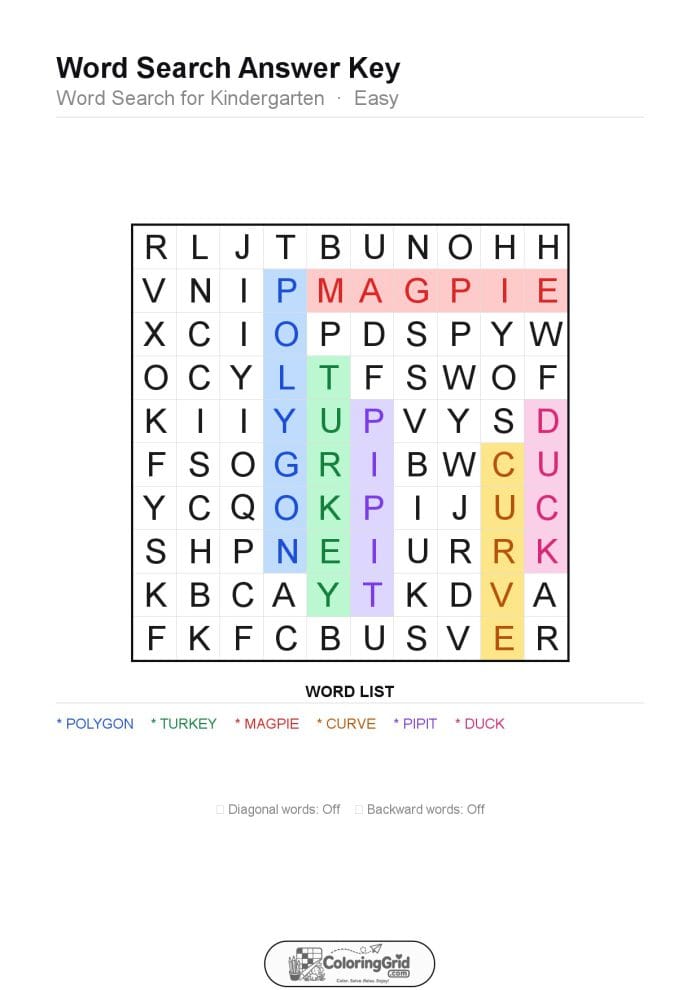 Word Search EASY - Word Search for Kindergarten Puzzle 008 - ANSWER