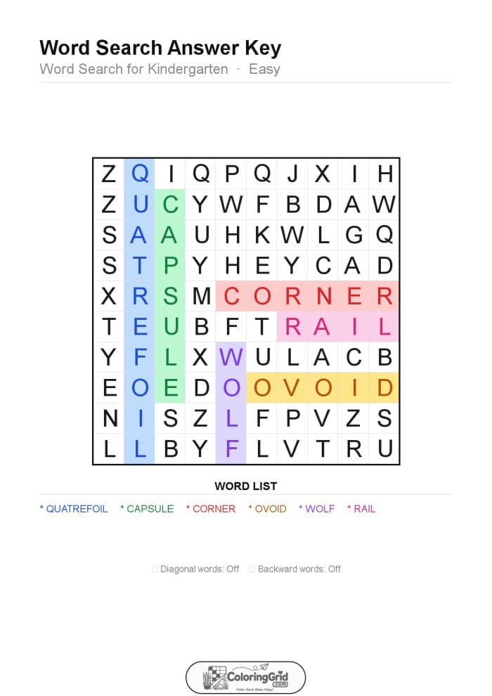 Word Search EASY - Word Search for Kindergarten Puzzle 009 - ANSWER
