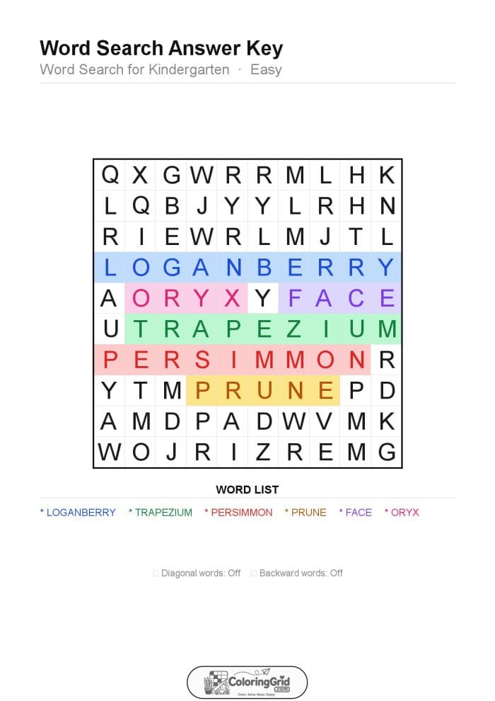 Word Search EASY - Word Search for Kindergarten Puzzle 010 - ANSWER