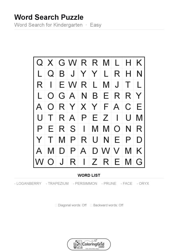 Word Search EASY - Word Search for Kindergarten Puzzle 010