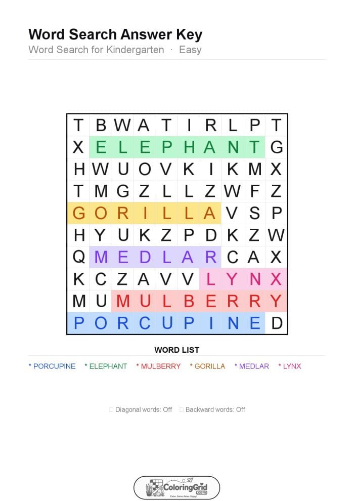 Word Search EASY - Word Search for Kindergarten Puzzle 011 - ANSWER