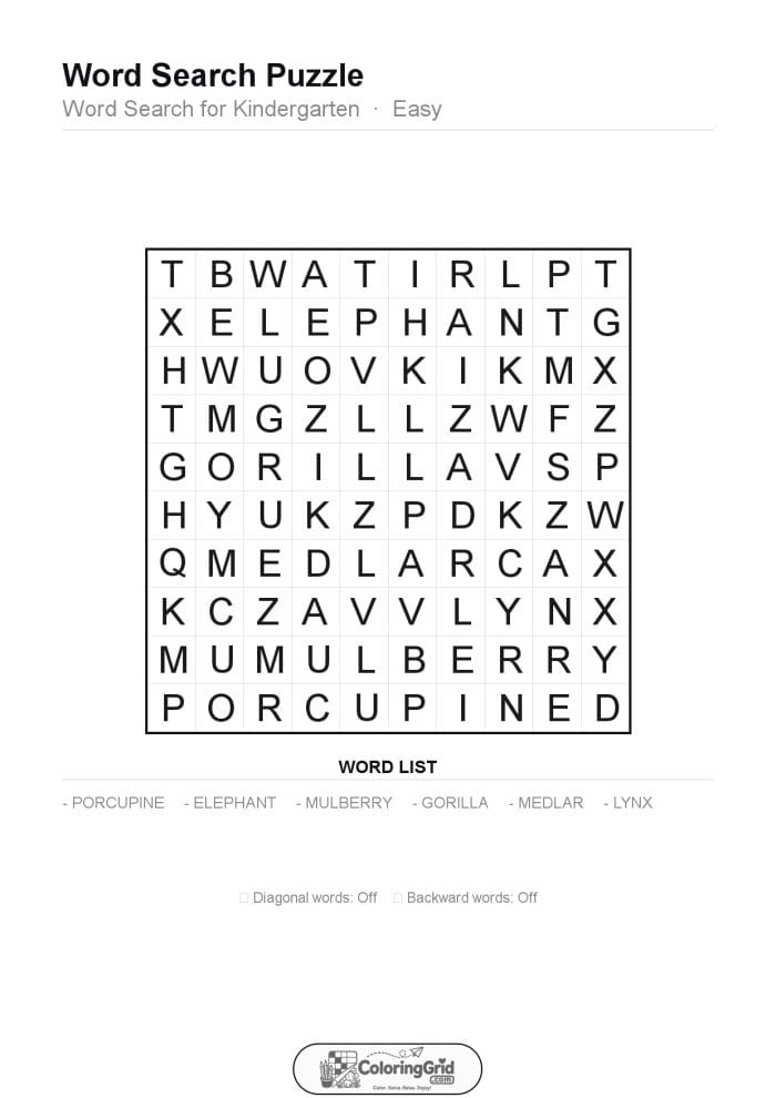 Word Search EASY - Word Search for Kindergarten Puzzle 011