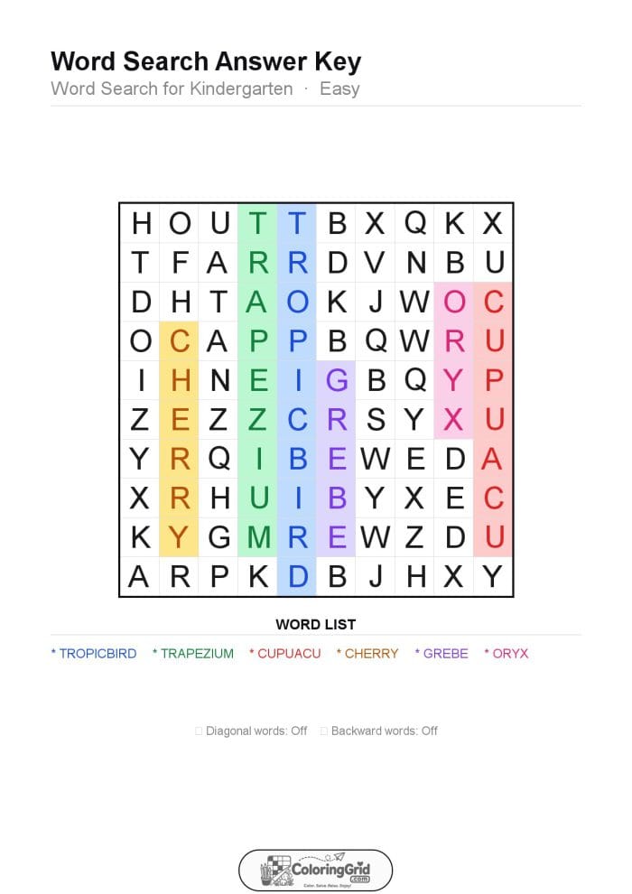 Word Search EASY - Word Search for Kindergarten Puzzle 012 - ANSWER