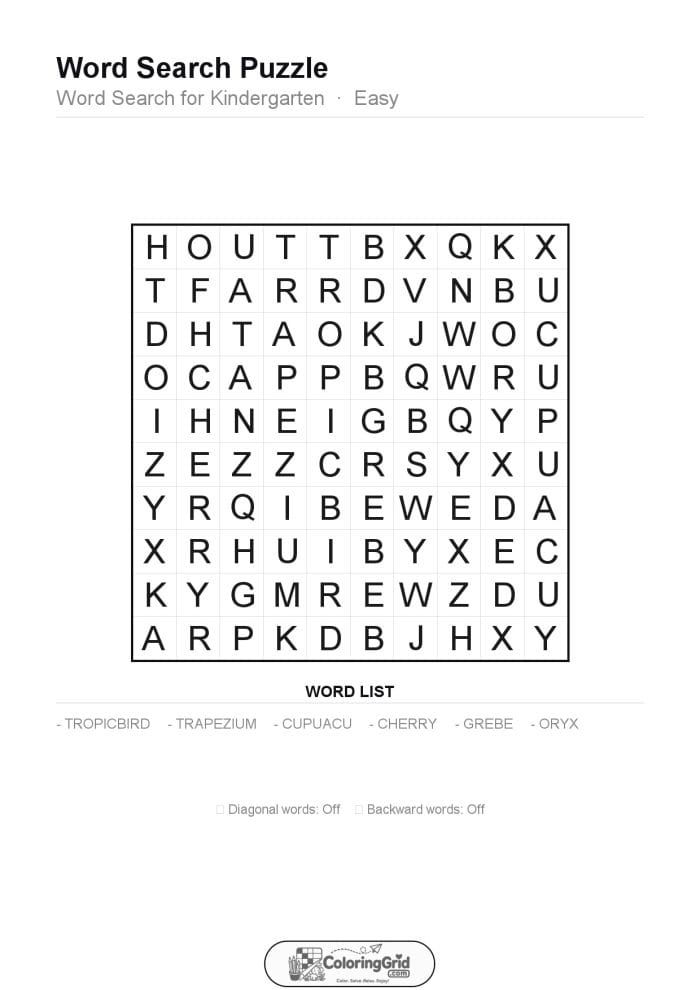 Word Search EASY - Word Search for Kindergarten Puzzle 012