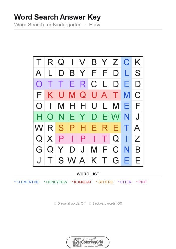 Word Search EASY - Word Search for Kindergarten Puzzle 013 - ANSWER