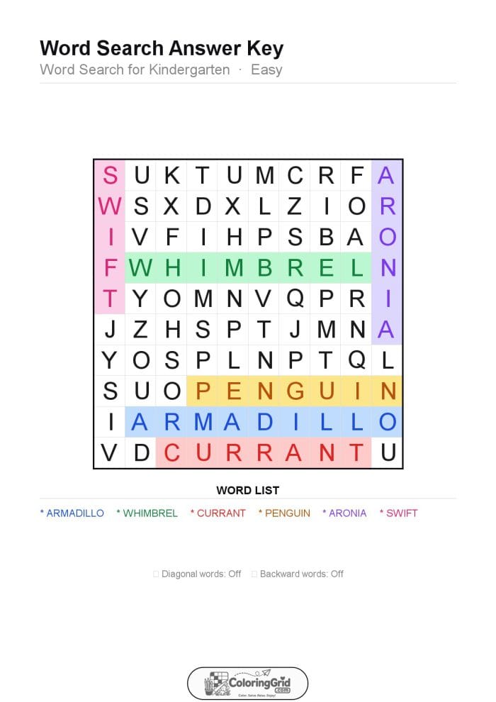 Word Search EASY - Word Search for Kindergarten Puzzle 014 - ANSWER