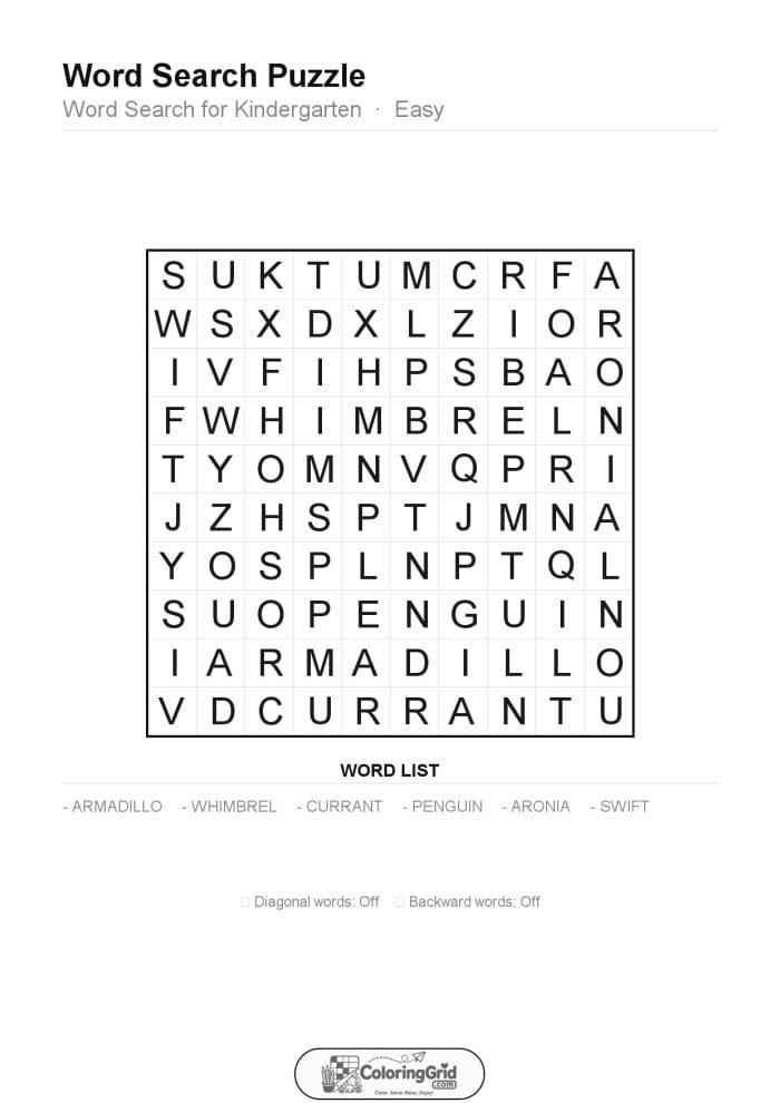 Word Search EASY - Word Search for Kindergarten Puzzle 014