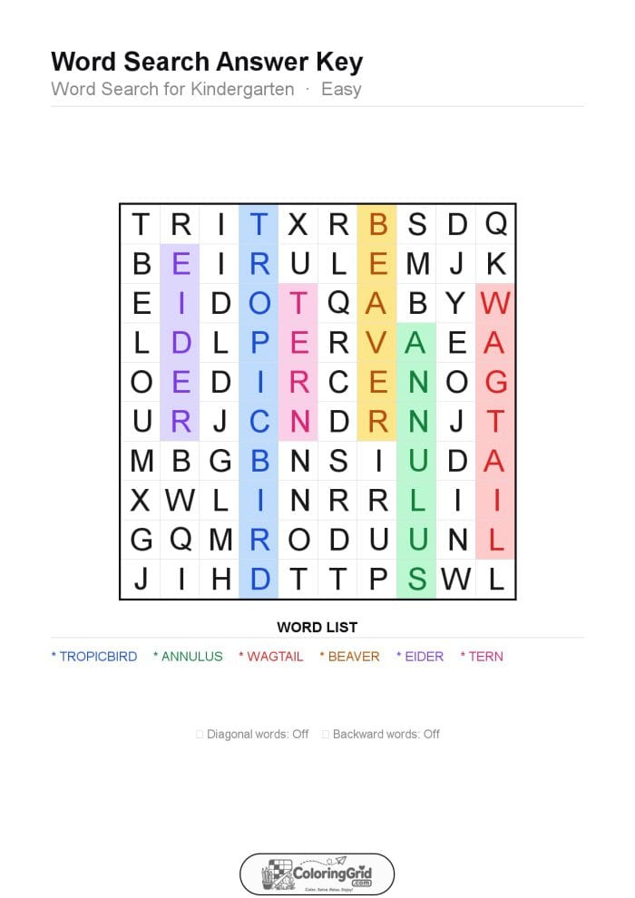 Word Search EASY - Word Search for Kindergarten Puzzle 015 - ANSWER