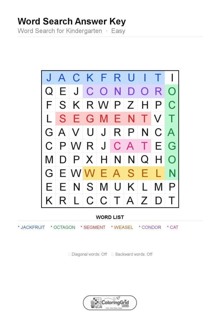 Word Search EASY - Word Search for Kindergarten Puzzle 016 - ANSWER